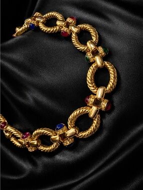 Vintage 80s Gold Multi-Color Cabochon Statement Choker